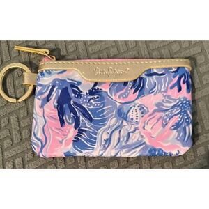 BRAND NEW!! LILLY PULITZER I.D. CASE PINK & BLUE PRINT GOLD FAUX LEATHER TRIM
